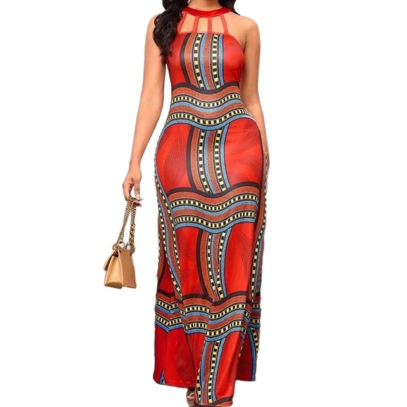NWT Womens Multicolor Print Sleeveless Halterneck Aztec Maxi Dress Small - Picture 4 of 7